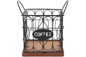 Coffee Pod Holder Organizer, Large Capacity Metal Storage Basket with Solid Wooden Base, Modern Coffee Bar Organizer for Kitc