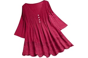 Aniywn Women Round Neck Lace Up Lace Patchwork Flare Pullover Top Casual Plus Size 3/4 Sleeve Floral Printed T-Shirt