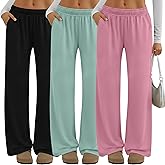 Neer 3 Pack Women's Lounge Pants Wide Leg Yoga Built in Drawstring High Waisted Casual Comfy Baggy Sweatpants with Pockets(Black, Mint Green, Smoky Pink,Large)