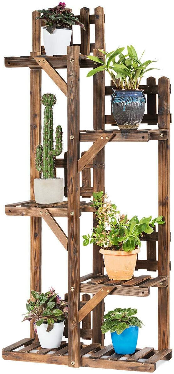 5-Tiers Natural Wooden Design Shelf Country Style Flower Pot Holder Bookshelf Large Load-Bearing Capacity Storage Plant Rack Stand Artwork Sidewalk Menu Chalkboard Sign Display 6 Pots Shelves