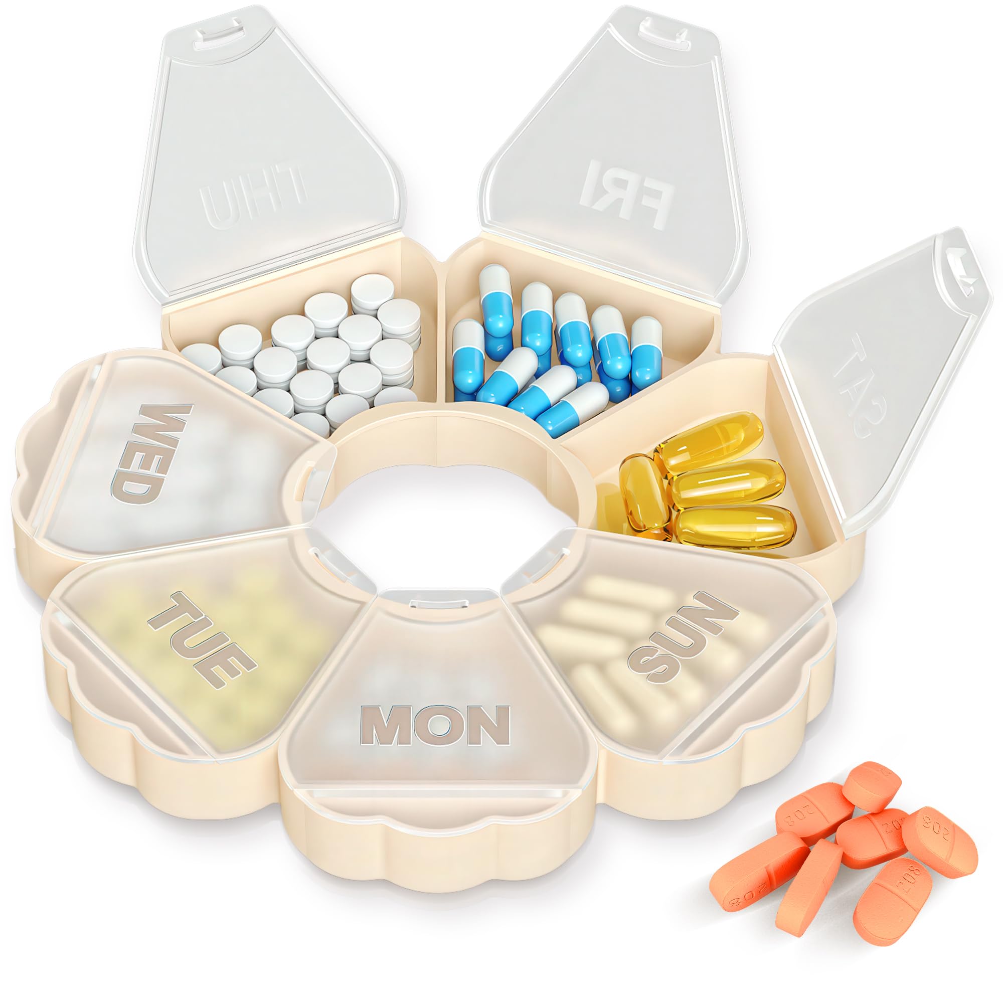 Photo 1 of **4 pack***Enlarged Weekly Pill Organizer 7 Day, Daily Pill Box with Never Faded Etched 3D Date Labels, Travel Pill Case with Large Compartment for Medication, Vitamin, Fish Oil, Supplements-Beige