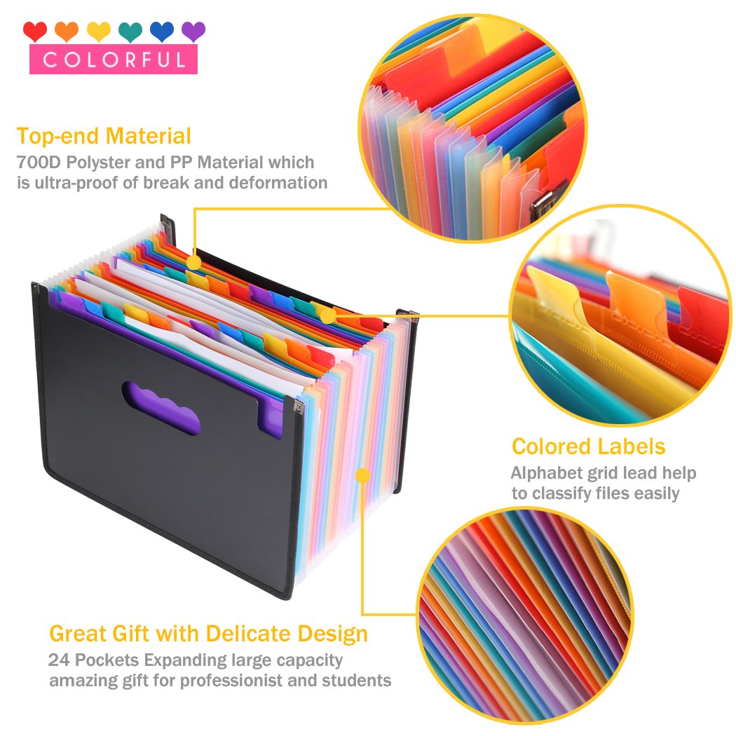 Expanding File Folder 24 Pockets, Multi-Color Accordion A4 Document Organizer with Expandable Wallet Stand – Works on Legal Size and Letter Size