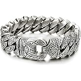 COOLSTEELANDBEYOND Mens Steel Vintage Fancy Curb Chain Bracelet with Tribal Tattoo Pattern, Retro Style, Masculine