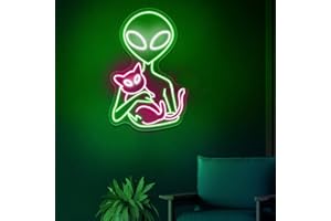 Xusdamyj Alien Cat Neon Sign - Green, Pink, White - 40x30x1 cm / 15.8x11.7x0.39in - LED, Neon - Wall Mount - Portrait - Futur