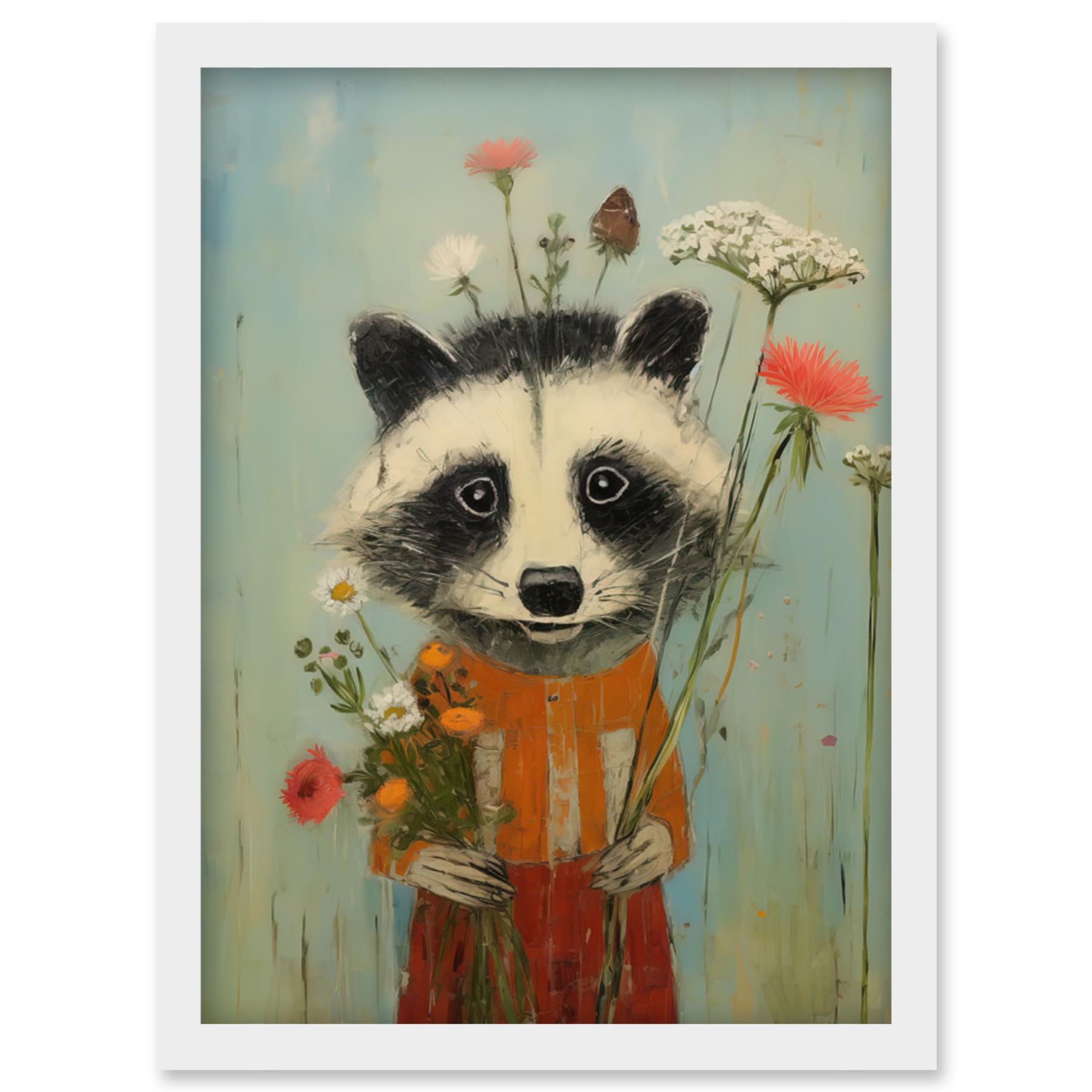 Artery8 Cute Racoon Picking Wildflowers for a Spring Bouquet Oil Painting Amber Orange Baby Blue Kids Bedroom Artwork Framed Wall Art Print A4