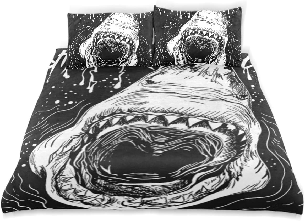 LONSANT Handdrawn Great White Shark Attack Duvet Cover Set Design Bedding Decoration Queen/Full 3 PC Sets 1 Duvets Covers with 2 Pillowcase Microfiber Bedding Set Bedroom Decor Accessories