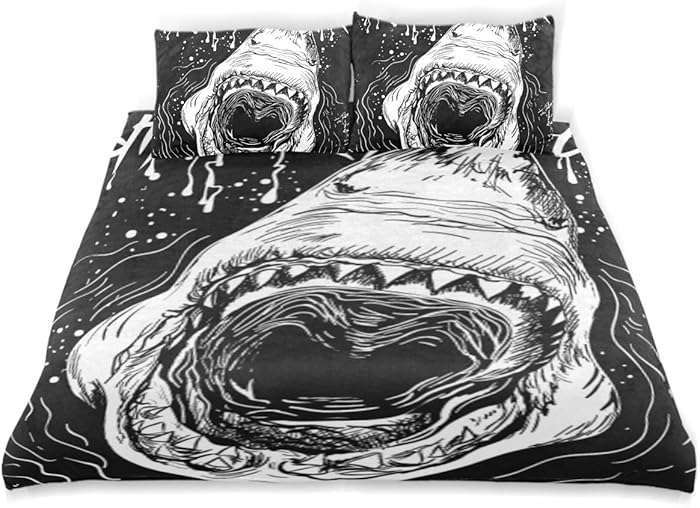 LONSANT Handdrawn Great White Shark Attack Duvet Cover Set Design Bedding Decoration Queen/Full 3 PC Sets 1 Duvets Covers with 2 Pillowcase Microfiber Bedding Set Bedroom Decor Accessories
