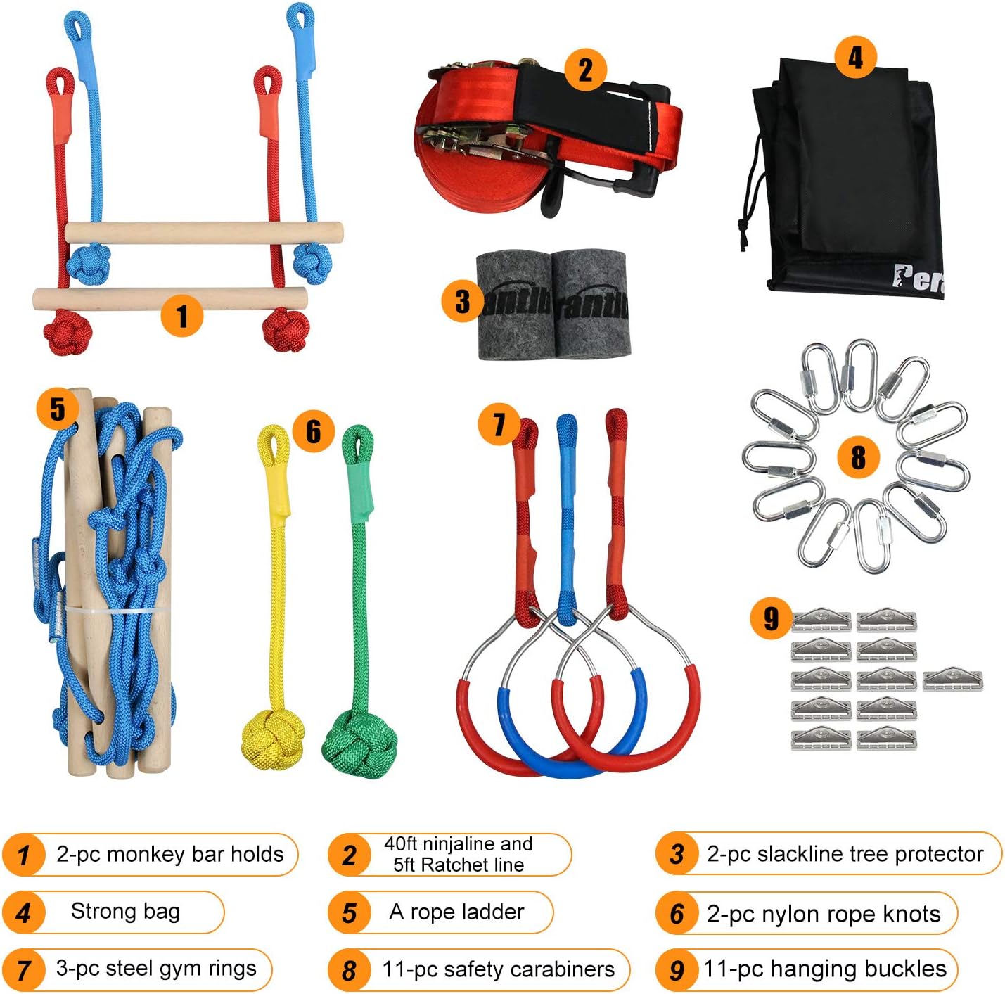 Perantlb Portable Ninja Slackline Monkey Bar & Ladder Intro Kit – 40’Kids Gym Swinging Obstacle Course Set, Training Obstacle Course Equipment, Slackline Gymnastic Bar, Tree Protector & Carry Bag: Toys & Games