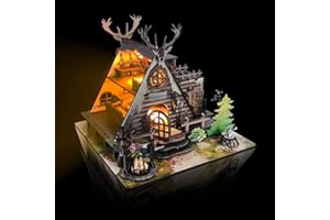 FLYINTOYS Model Kit Adult Miniature House Kit, Doll Houses Book Nook DIY Kit with Furniture and USB -LED Light, Bookshelf Miniature Scenes, Dollhouse Kits for Adults, Children (Hunting-Cabin)