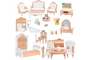 Xadothat Dollhouse Furniture Set, Complete Room Collection with Kitchen, Dining, Living Room, Bedroom and Bathroom Accessories, Plastic (36-Piece Hrown)