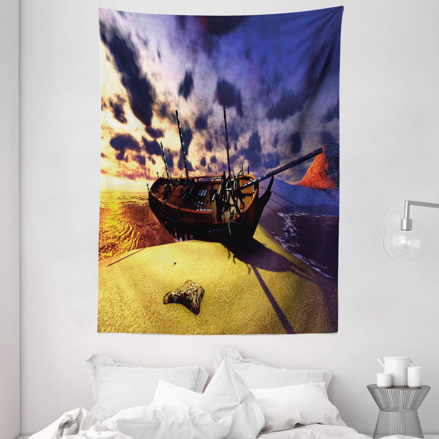 Amazon Com Ambesonne Seascape Tapestry Old Vintage Boat On Seashore Abandoned Broken Shipwreck Clouds Ocean Scene Wall Hanging For Bedroom Living Room Dorm 60 X 80 Royal Blue Yellow Home Kitchen
