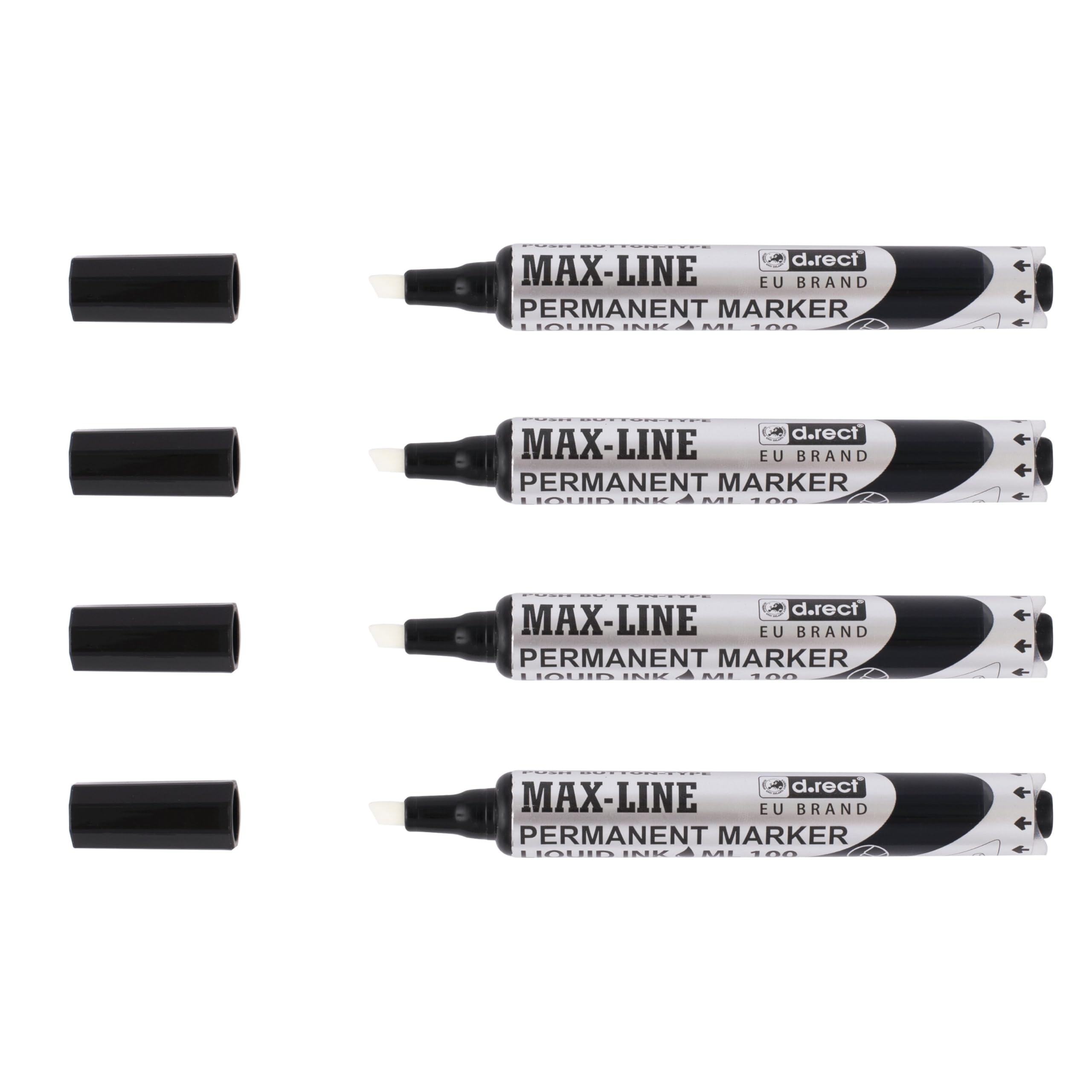 D.RECT Black Permanent Marker Bevelled Tip, featuring Pump Mechanism - Robust Permanent Marker with Piston, Pack of 4
