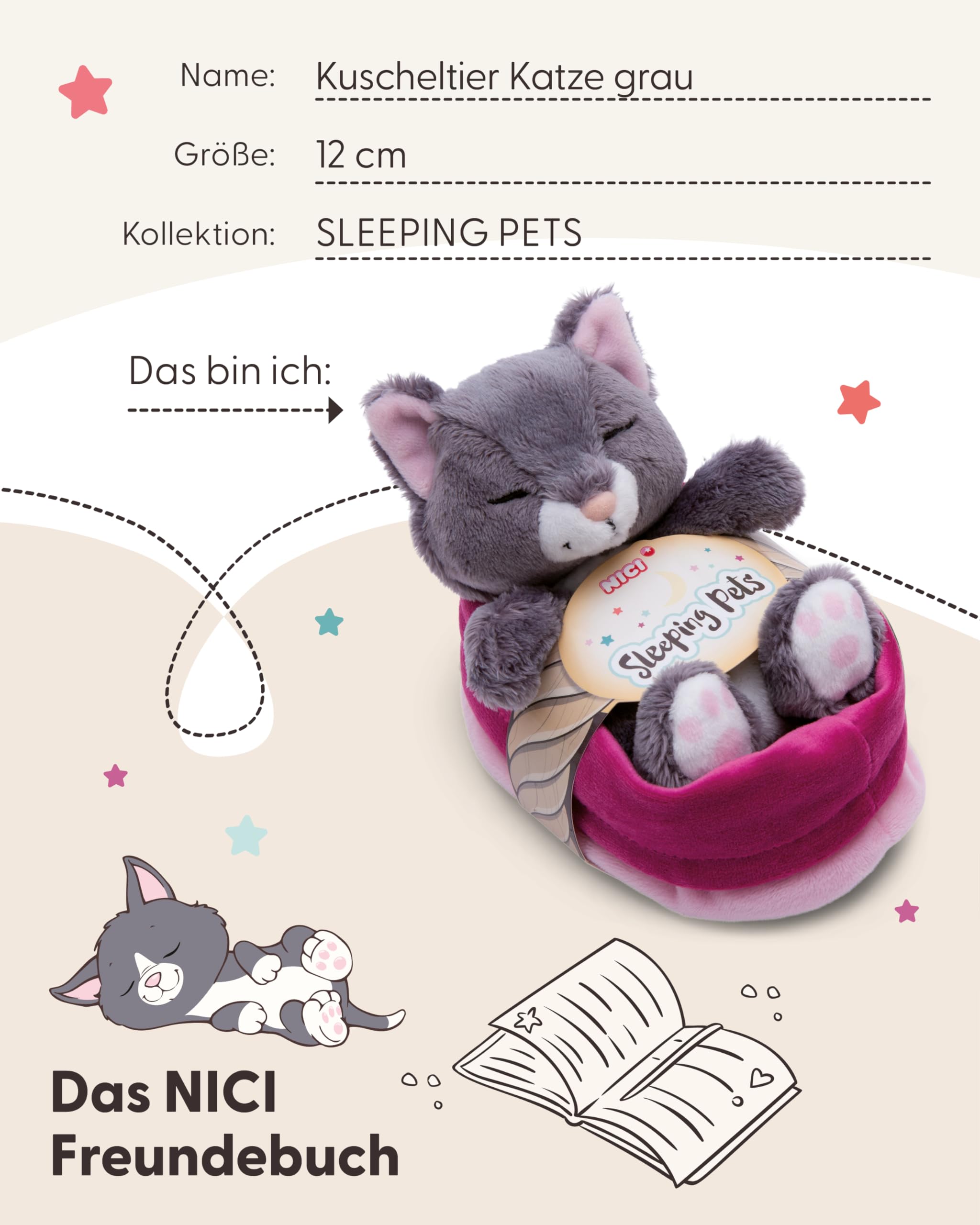 Kuscheltier Katze grau 12cm schlafend im Körbchen 5