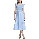 YEXPINE Women's Embroidered Smocked Midi Dress Casual Boho Ruffle Sleeve Crewneck Long Flowy Summer Dress