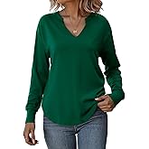 Totatuit Sweatshirts for Women V Neck Long Sleeve Shirts Loose Lightweight Curved Hem Casual Pullover Tops 2025 Fall Forest green Large