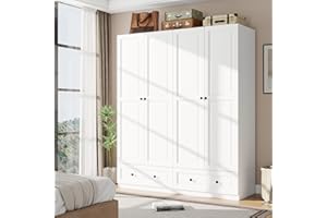 Vrmuxita Armoire Wardrobe Closet with Drawers: 74" White Tall Wooden Wardrobe Closet for Hanging Clothes, Large Bedroom Armoires with 2 Drawers, 4 Door Armoire Storage Cabinet (White, 63")