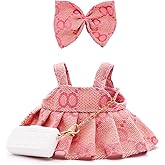 LYBHYQTII Doll Clothes Compatible with Labubu 17cm, Premium Dolls Accessories 3 Piece Set Including Chic Spaghetti-Strap Dress & Bag and Bow, High-End Fashion Outfit for Play & Display - Pink