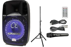 Alphasonik 12" Powered 2000W PRO DJ Amplified Loud Speaker Bluetooth USB SD Card AUX MP3 FM Radio PA System LED Ring Karaoke Mic Main Monitor, Band Church, Party, Guitar Amp, Home, BBQ w/Tripod Stand