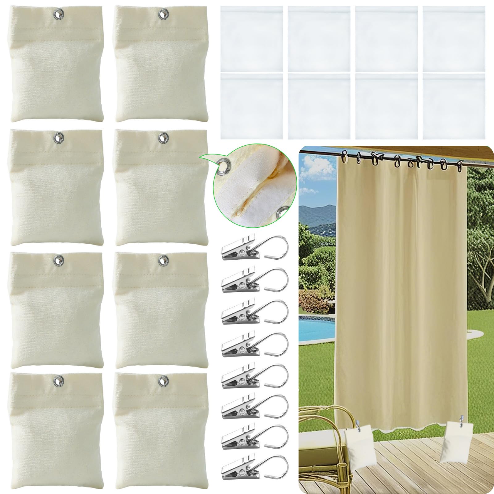 Photo 1 of WUBOECE 8 Pack Outdoor Curtain Weights, 15oz Outdoor Curtain Sandbag Weighted Bags Drapery Weights Bottom Patio Curtain Weights Bags Holder Clip for Pergola Drapes Cabana Gazebo Garden
