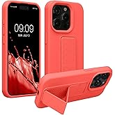 kwmobile Case Compatible with iPhone 15 Pro Max - Case with Hand Strap and Stand Soft TPU Silicone Coating - Coral