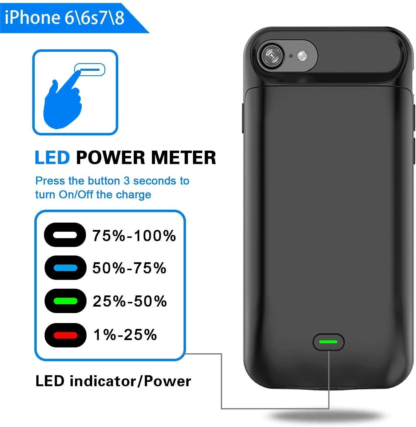 LoHi Battery Case for iPhone 8/7/6s/6 Available for 4.7\'\' 5000mAh Protective Portable Charging Case Ultra Slim Extended Battery Rechargeable Support Headphones - Black