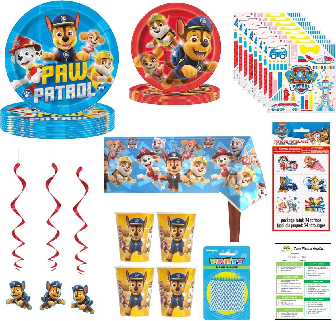 Paw Patrol Birthday Party Supplies Pack: Big/Small Plates, Cups, Napkins, Table Cover, Swirl Decorations, Tattoos, Candles - Kit for 16 Guests