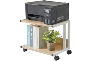IBUYKE Under Desk Printer Stand, 2-Tier, Mobile Home Desktop Organizer Shelf with 4 Wheels, for Printer, Fax, Home Office Use, Light Wood UTLJ007R