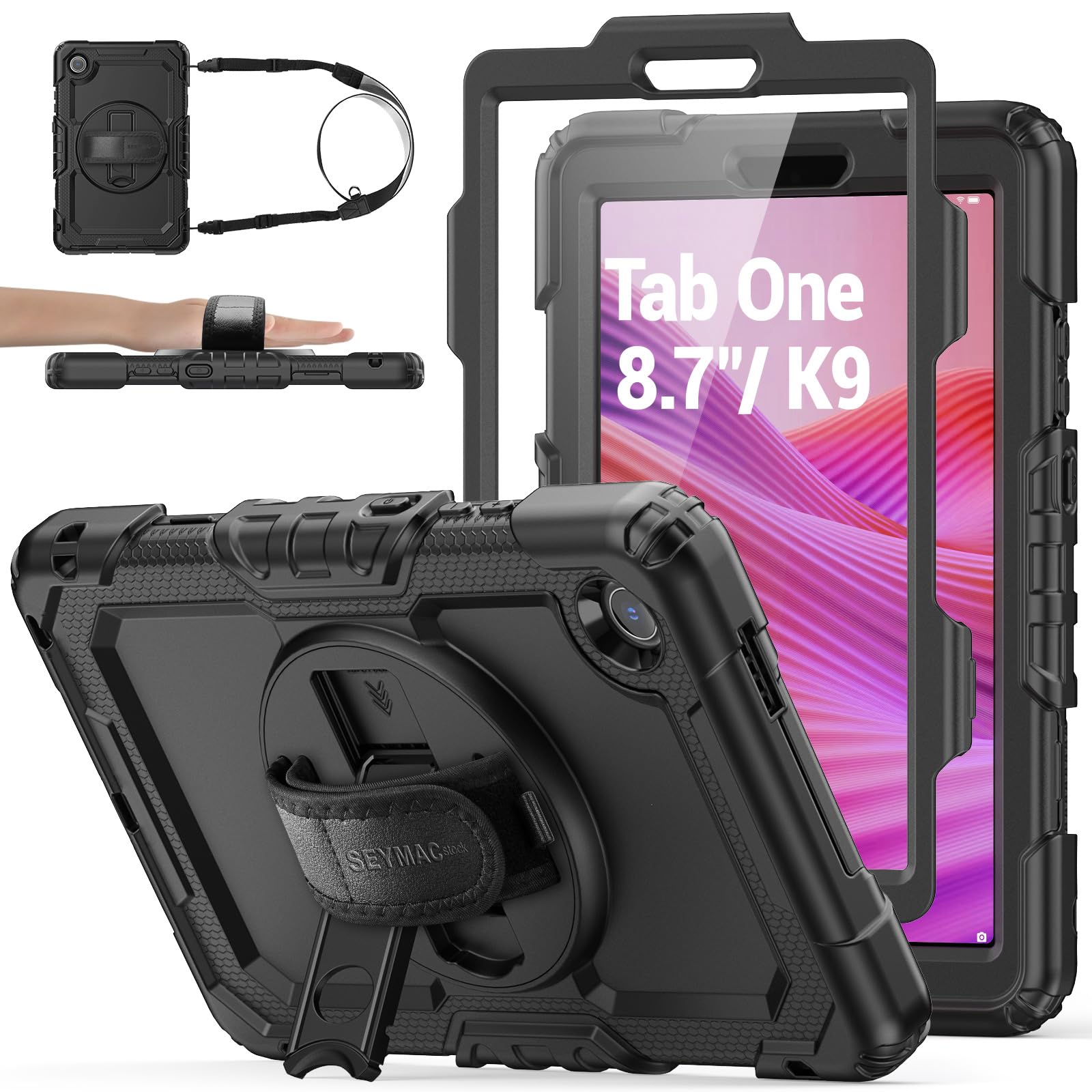 SEYMAC stock Funda para tableta Lenovo Tab One / K9 (TB305FU) de 8,7 pulgadas, cubierta protectora a prueba de caídas con soporte giratorio de 360° y correa [soporte para bolígrafo] y protector de pantalla 2025, negro