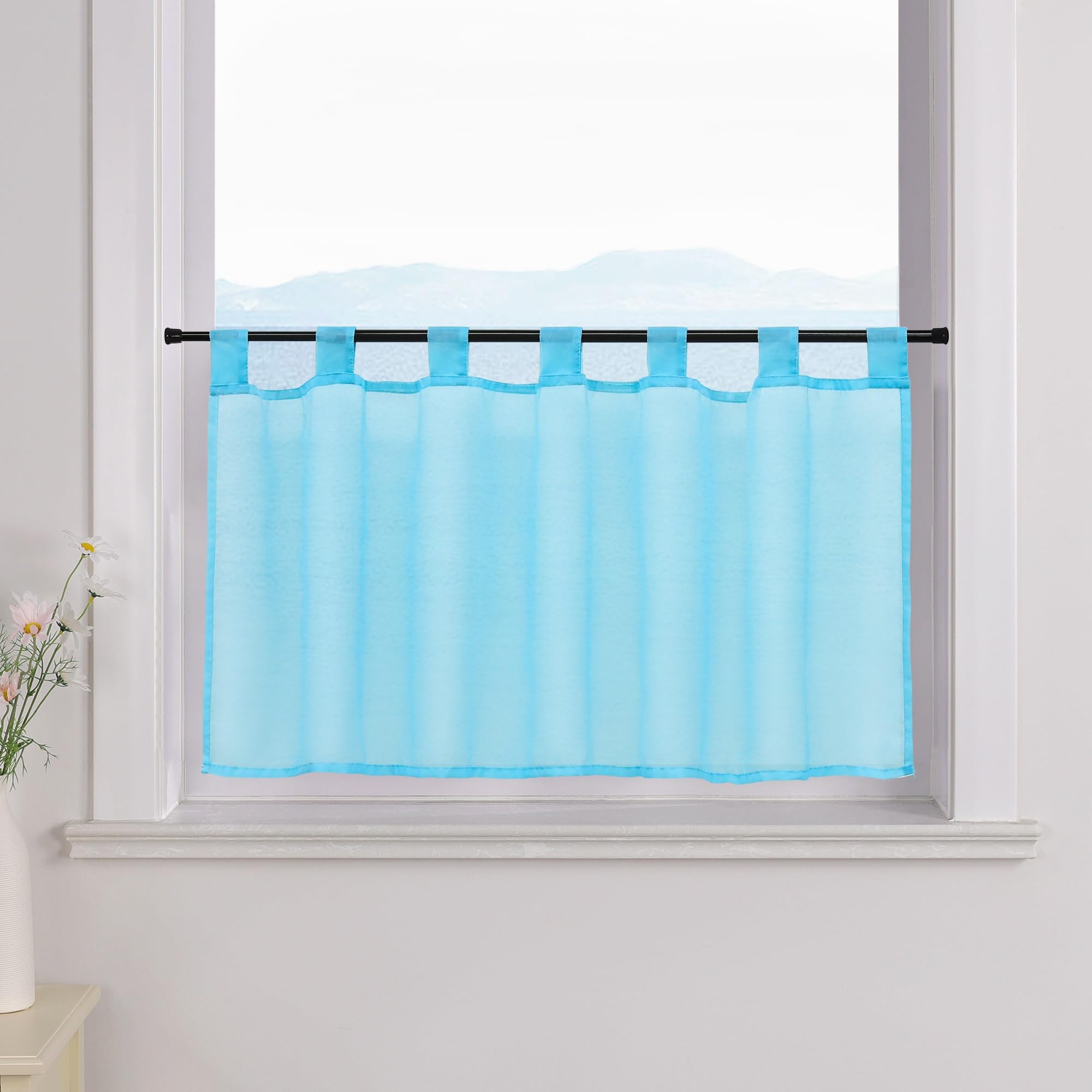 ESLIR Net curtain with loops, kitchen bistro curtains, transparent curtains, short curtain, voile, blue, W x H 60 x 90 cm, 1 piece