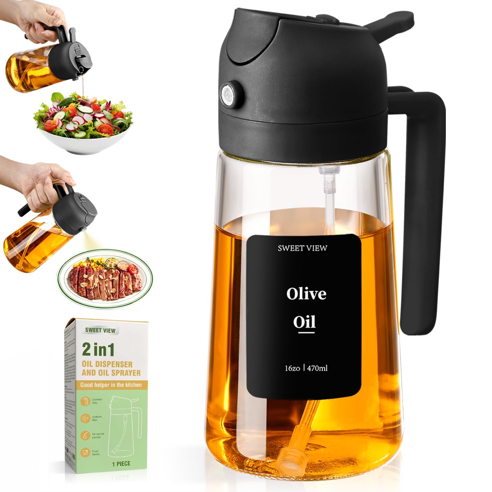 Photo 1 of *2 pack* SWEET VIEW Olive Oil Sprayer for Cooking, 16oz/470ml Glass Oil Dispenser/Pour Bottle, Kitchen Accessories, Kitchen Gadgets for Air Fryer, Salad, BBQ, with Stickers (Black)