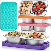 BRIGHTWORLD 4 PacK Stainless Steel Snack Containers with Silicone Lids, 2 Compartment Snackle Box Container, Leak-Proof Reusable Metal Food Storage Container for Travel, School, Meal Prep, Camping