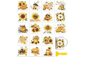 Peacoblue 18 Sheets Rub On Transfers for Crafts, Bees and Sunflowers 3.6"x3.9" UV DTF Cup Wrap Waterproof Cold Transfers Stic