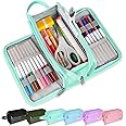 Sooez Large Pencil Case, Big Capacity Pencil Pouch Pen Bag with 3 Compartment, Portable Canvas Stationery Organizer with Zipper, Cute Aesthetic School Supplies for Teen Girls, Celadon with Plaid
