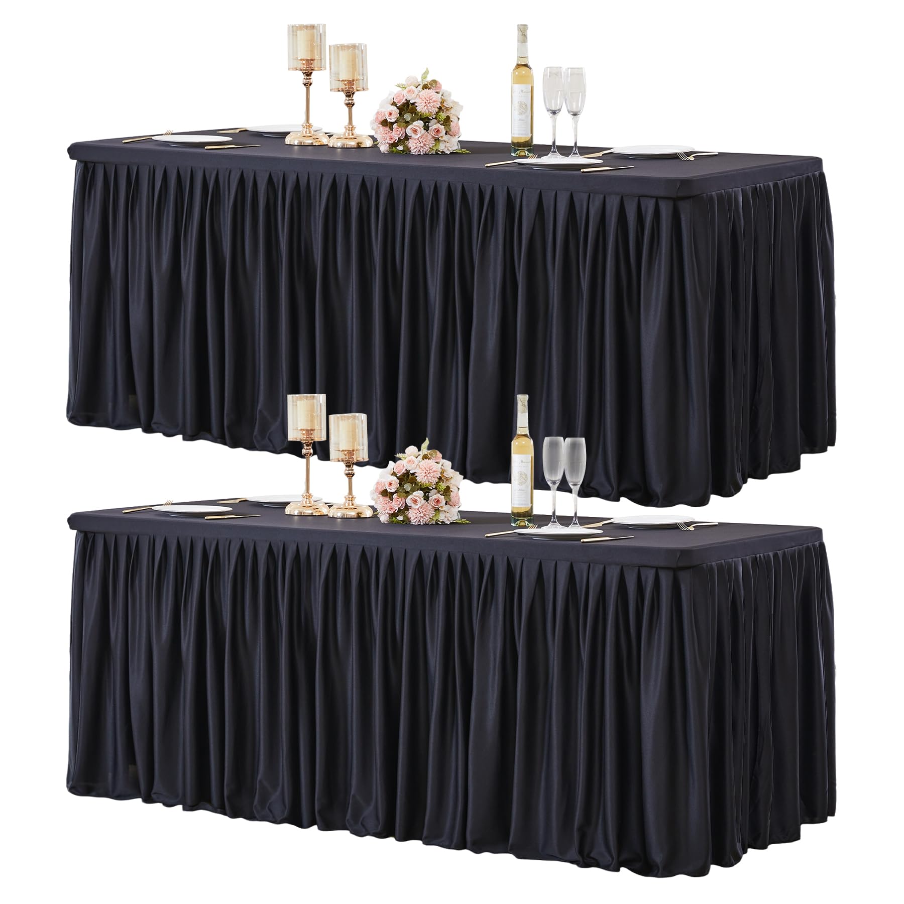 Photo 1 of 2 Packs Black Polyester Table Clothes for 8 Foot Rectangle Tables, Wrinkle Free Fitted Table Cover 8ft Stretch Tablecloths with Skirt for Parties Weddings Birthday Banquet Baby Shower