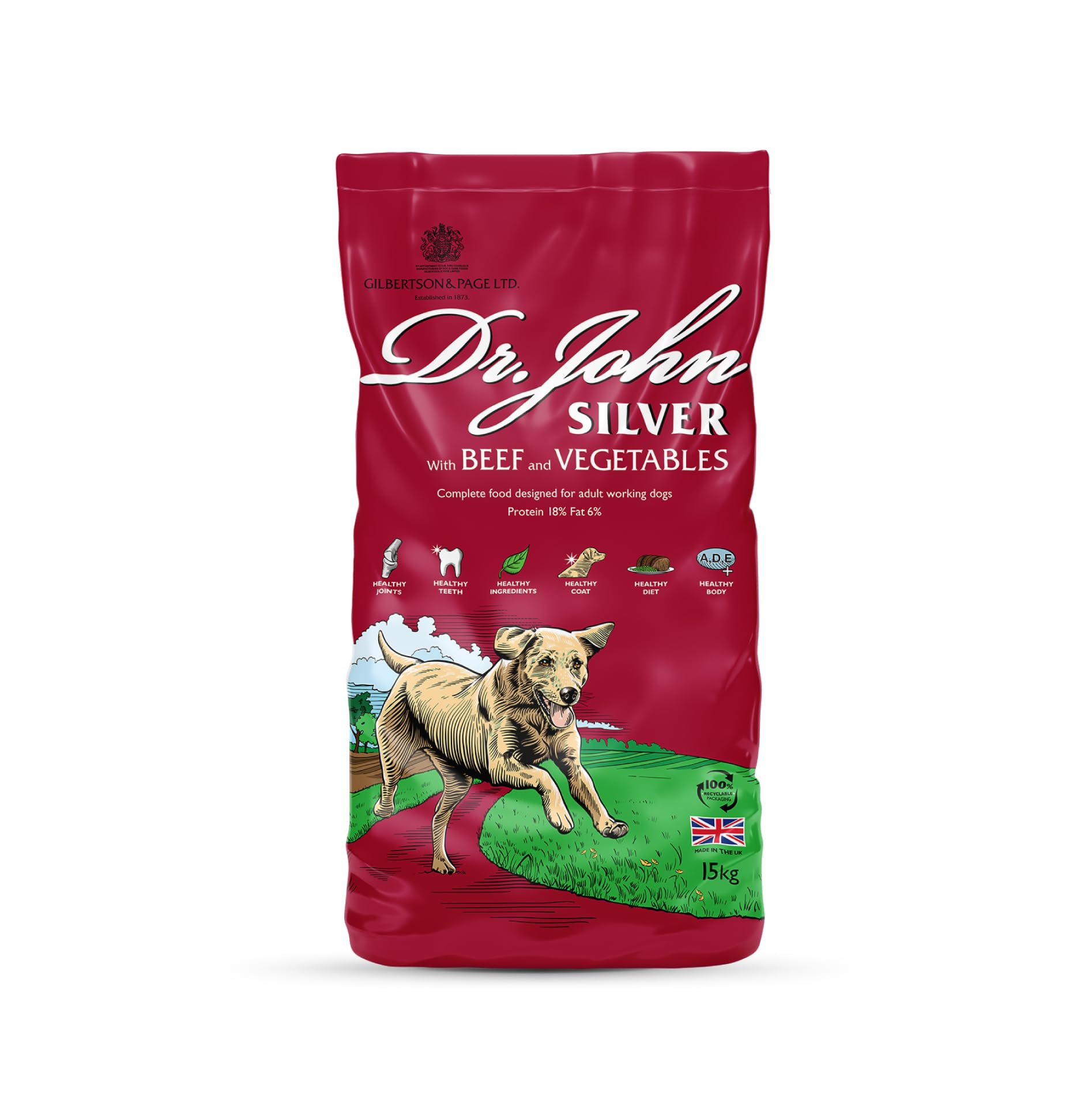 Dr John Silver Dry Dog Food 15kg - Beef with Vegetables - Complete Dog Biscuits 15kg - Senior and Adult Dog Food for Light Activity, Maintenance and Resting Dogs