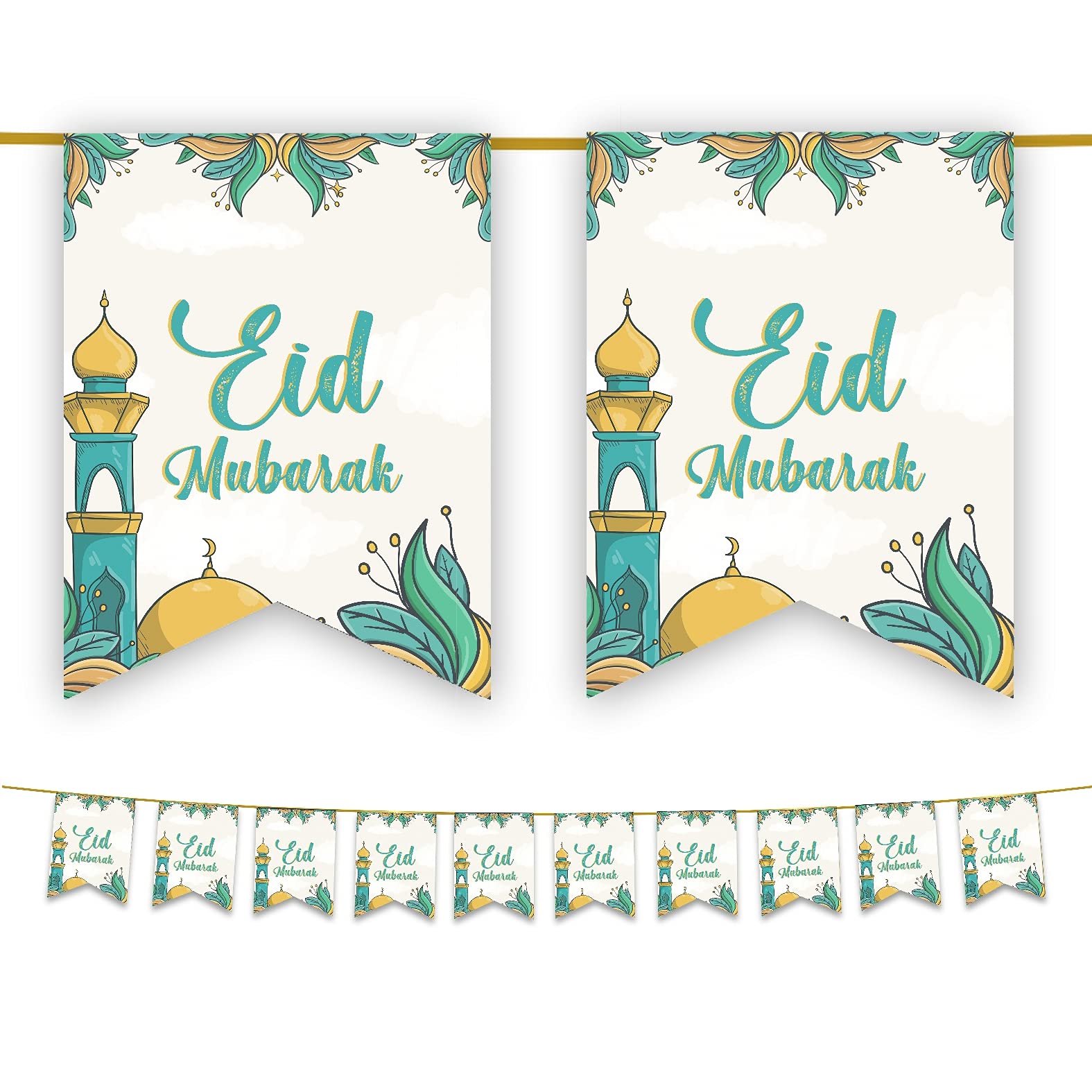 Happy Eid Mubarak Bunting Party Flags Kids - 10 Flags - Eid Decorations (Green & Yellow)