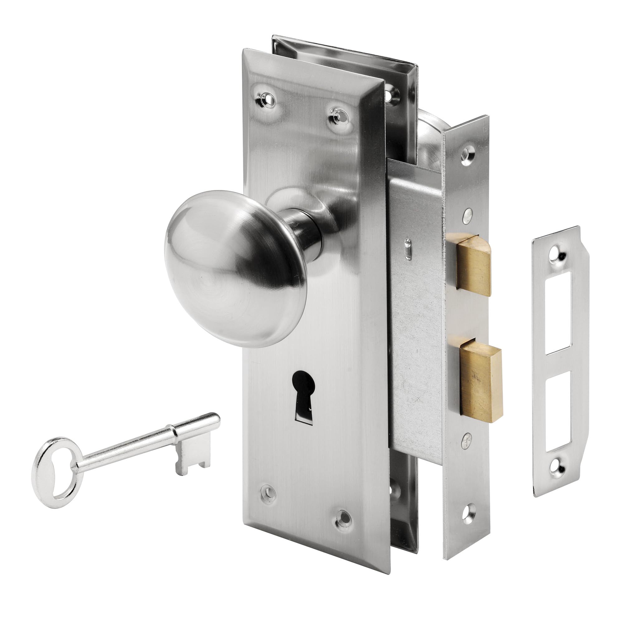 PRIME-LINE Defender Security E 2330 새틴 니켈 손잡이가 달린 장붓구멍 열쇠 잠금장치 세트 - 깨진 앤티크 잠금장치 세트 등을 교체하기에 완벽함, 3.5-4.5cm(1 3/8-1 3/4인치)에 적합 인테리어 도어(새틴 니켈) | Fits 1-3/8 In.-1-3/4 In. Interior Doors, Replaces Broken Antique Lock Sets, Single Pack, Satin Nickel FinishPRIME-LINE Defender Security E 2330 새틴 니켈 손잡이가 달린 장붓구…