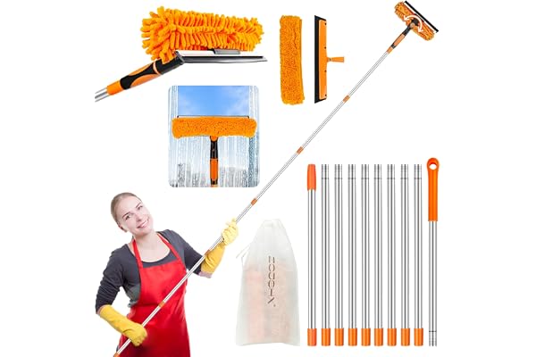 Window Cleaning Tools Window Squeegee: 2 in 1 Double-Sided Professional Cleaner Window Washing Kit with Extension Pole 20+ Ft