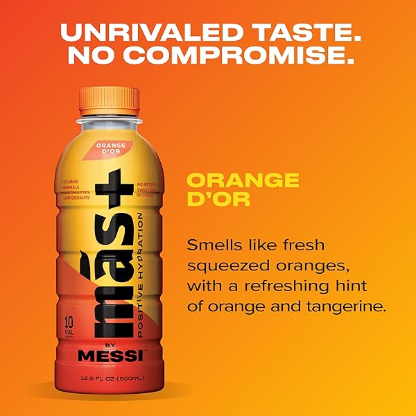 MÁS+ BY MESSI 16.9OZ ORANGE D’OR, SPORTS DRINK & HYDRATION BEVERAGE, NATURAL FLAVORS WITH VITAMINS AND ELECTROLYTES, NO ARTIFICIAL SWEETENERS OR COLORS, 12-PACK