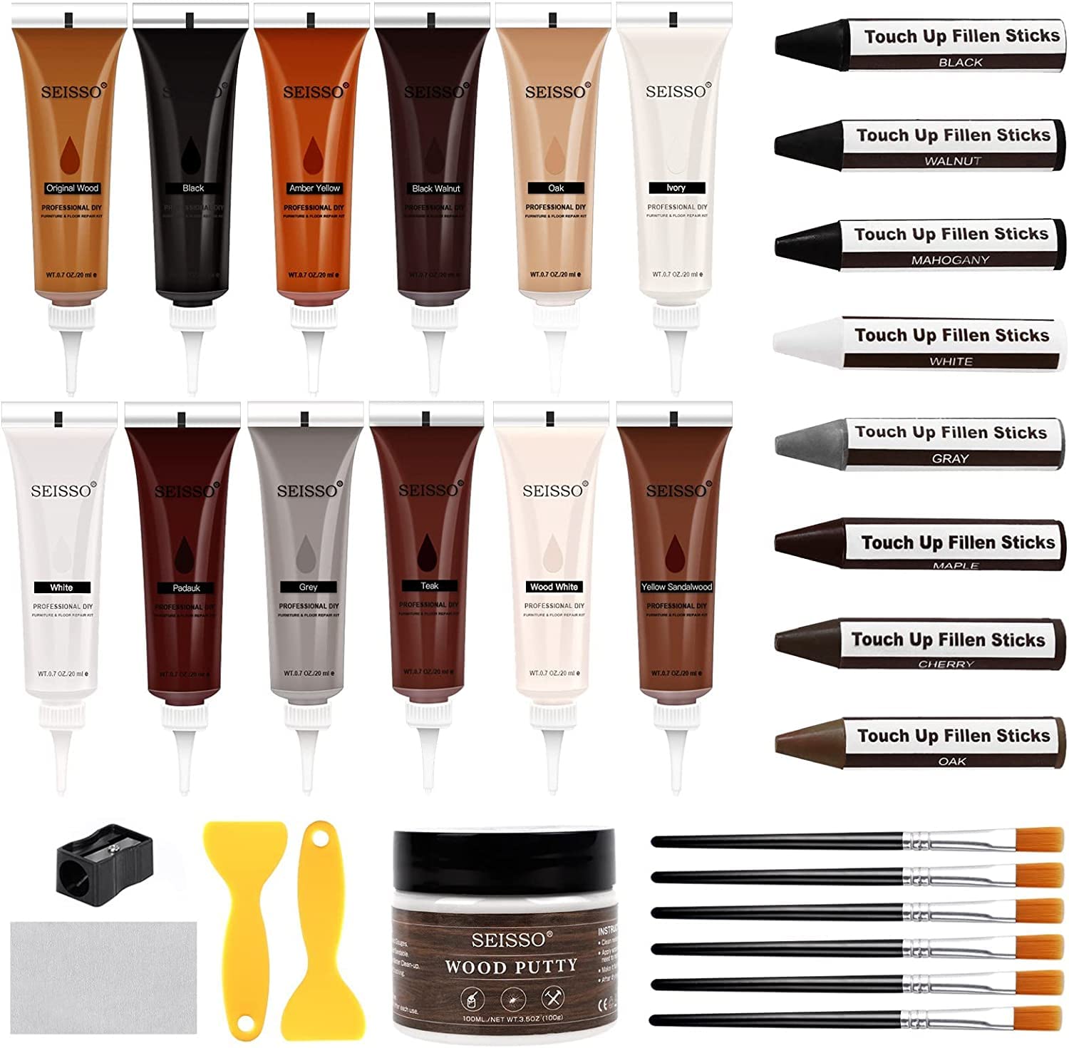 SEISSO Wood Furniture Repair Kit, 31 Pcs Scratch Repair Wood Filler, Wax Filler Wood Repair Sticks with Wood Putty Multicolor Wood Filler for Wooden Floors, Cabinet, Cherry, Walnut