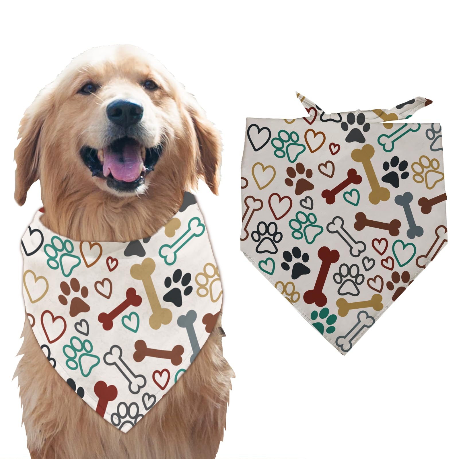 arricraft 1 Pc Colorful Dog Bandana, Paw Prints Bones Hearts Pet Scarf Dog Element Bandana Adjustable Triangle Bibs Washable Cotton Handkerchief Accessories for Medium Large Dog Pet