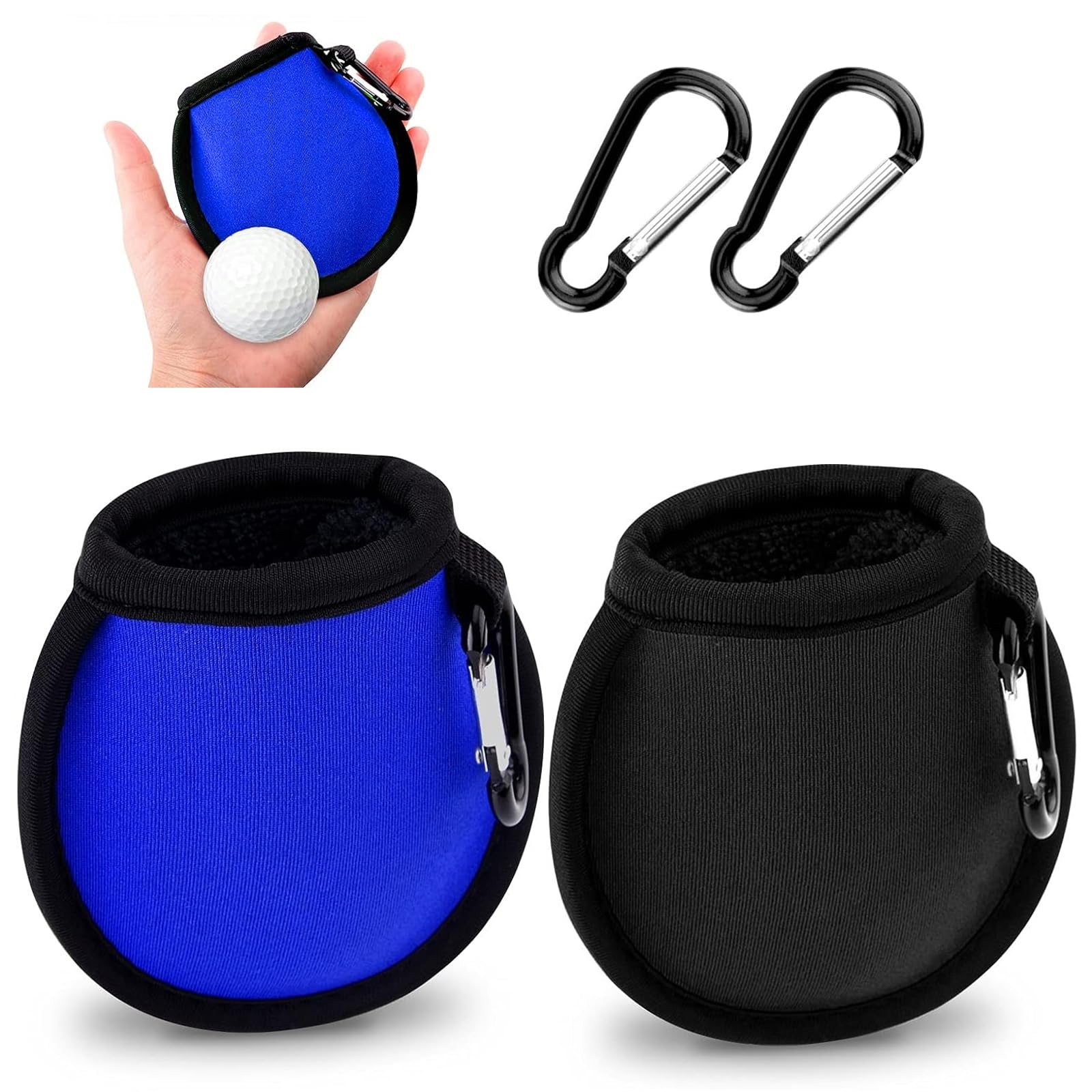 FUZVOL 2 PCS Golf Ball Cleaner Pouch Waterproof Golf Accesorries Washer Pocket with Carabiner Golf Ball Cleaner Bag Accesorries Golf Ball Dry-Clean Pocket Golf Gifts for Men（Blue+Blcak）