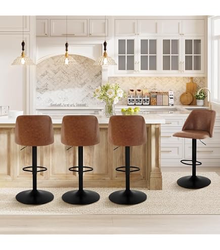 Set Of 4 Modern Swivel Bar Stools - Counter Height Faux Leather Upholstered Stools With Backrest & Footrest, Beige
