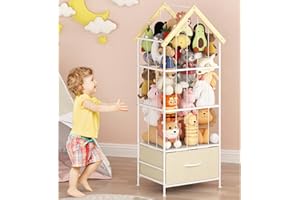 Wisdom Star Stuffed Animal Storage Holder, Kids Toy Zoo Storage Organizer, Metal Vertical Stuffed Animal Hammock Net with Storage Drawer & Elastic Band for Playroom Bedroom Nursery Space Save (White)