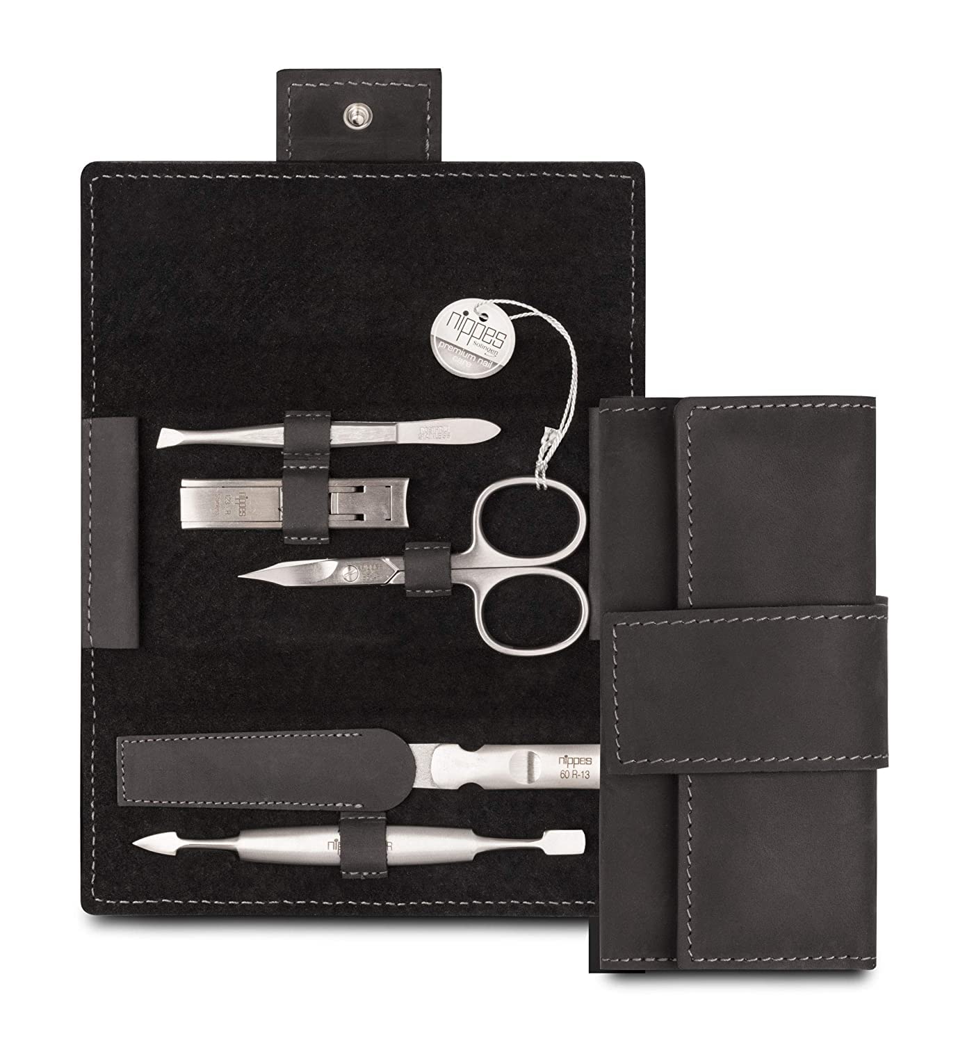 Nippes Solingen 5 Pcs High Quality Genuine Cowhide Leather Manicure Set with Button Closure Black 130g