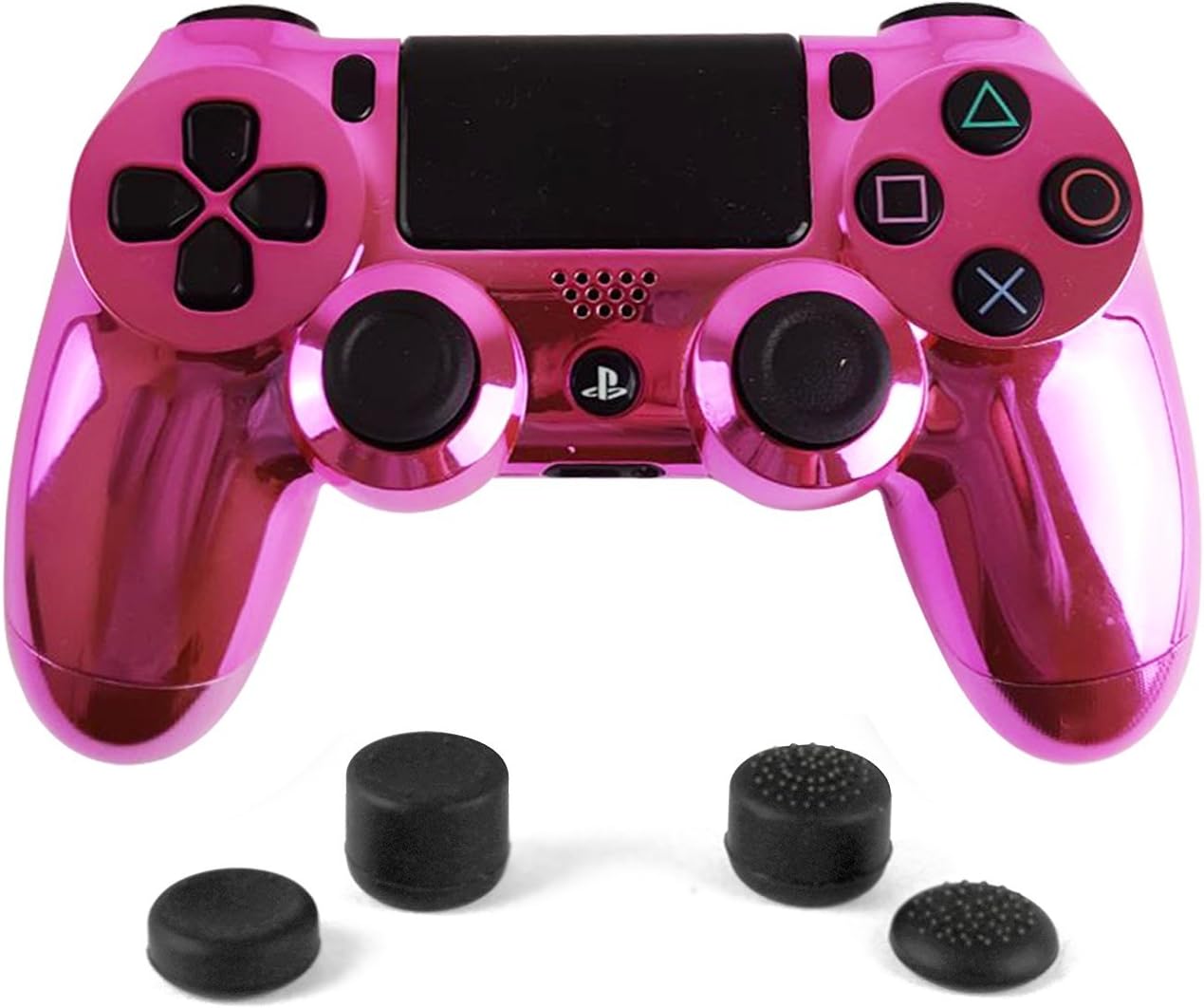 Gold Bag Full with Custom Pink Chrome Shell Bundled with 4 Custom Thumbstick Covers- Compatible with PS4