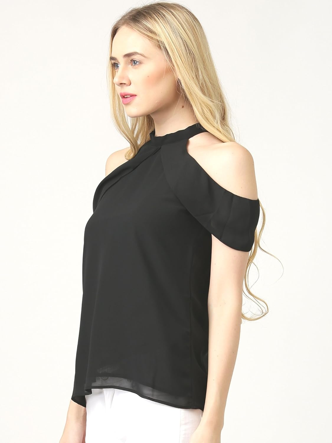 marie claire black georgette cold shoulder top (mc10146a)