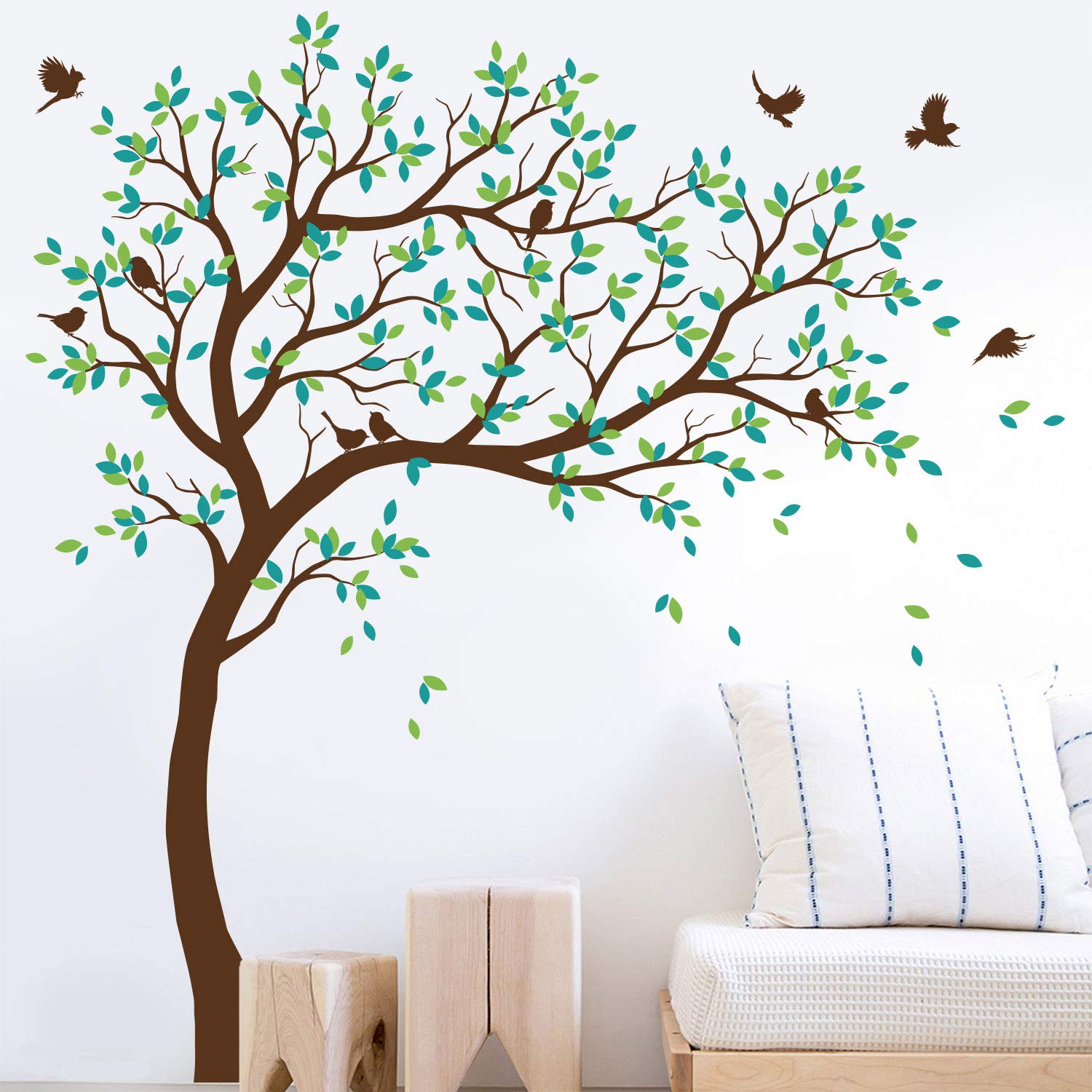 Large Tree Wall Decals Wall Tattoo Large Nursery Tree Decals Wall Mural Removable Vinyl Wall Sticker (Leaning Right, Brown, Lime-Tree Green, Turquoise)