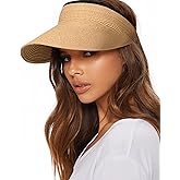 FURTALK Visor Hats Women Sun Protection Wide Brim Straw Beach Hat Packable | Premium Paper Straw, Suitable of Ponytails, Lightweight and Windproof, Roll-up Packable to Everywhere, Back Elastic Strap Fit