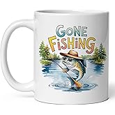 Gone Fishing Ceramic Coffee Mug 11oz Retro Cabin Sign Decor Lake House - Tea Coffee Mug with Comfortable Grip - Unique Sport Gift Cup for Office or Home - Vibrant Long-Lasting Print ID44991